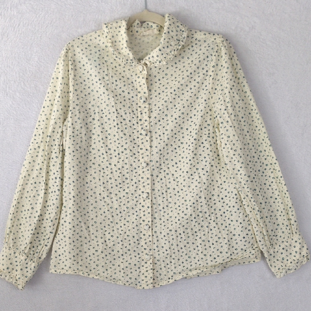 Hope Ave Women's Cream Blue Floral Collared‎ Farmhouse Blouse Size M